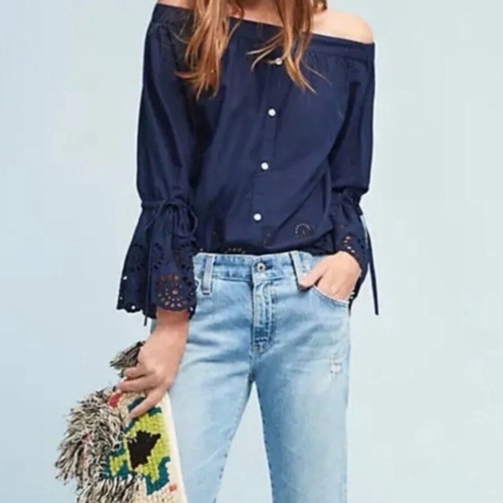 Isabella Sinclair Anthropologie Blue Eyelet Off The Shoulder Cotton Blouse Small